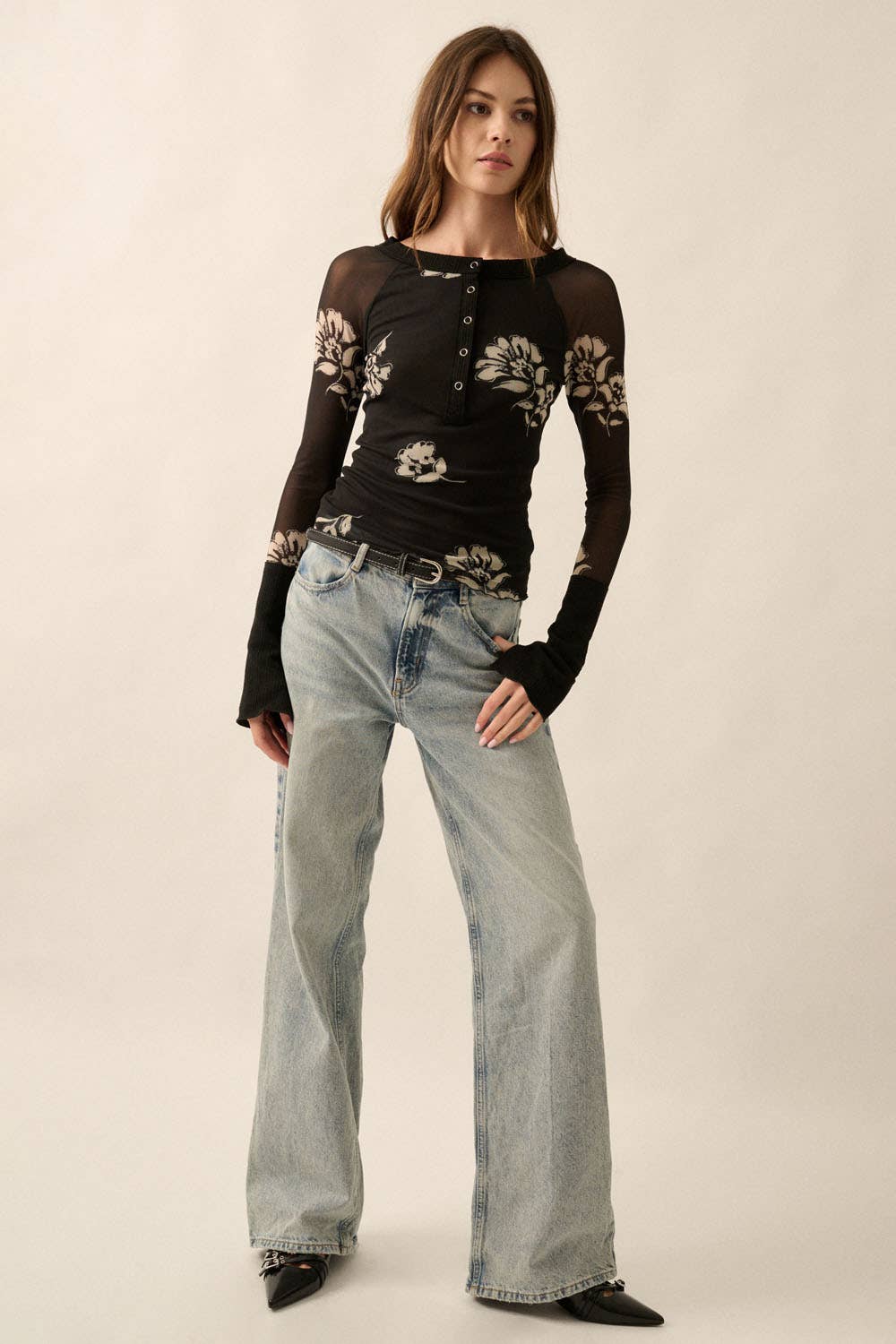 Floral-Print Mesh Raglan-Sleeve Henley Top: Black / M