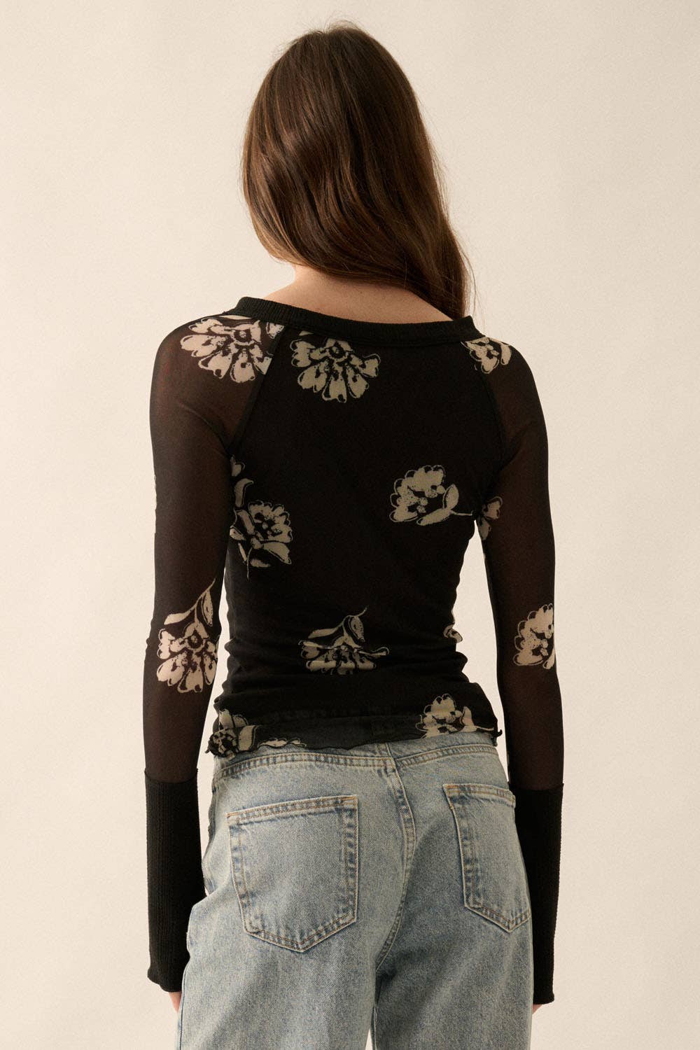 Floral-Print Mesh Raglan-Sleeve Henley Top: Black / L